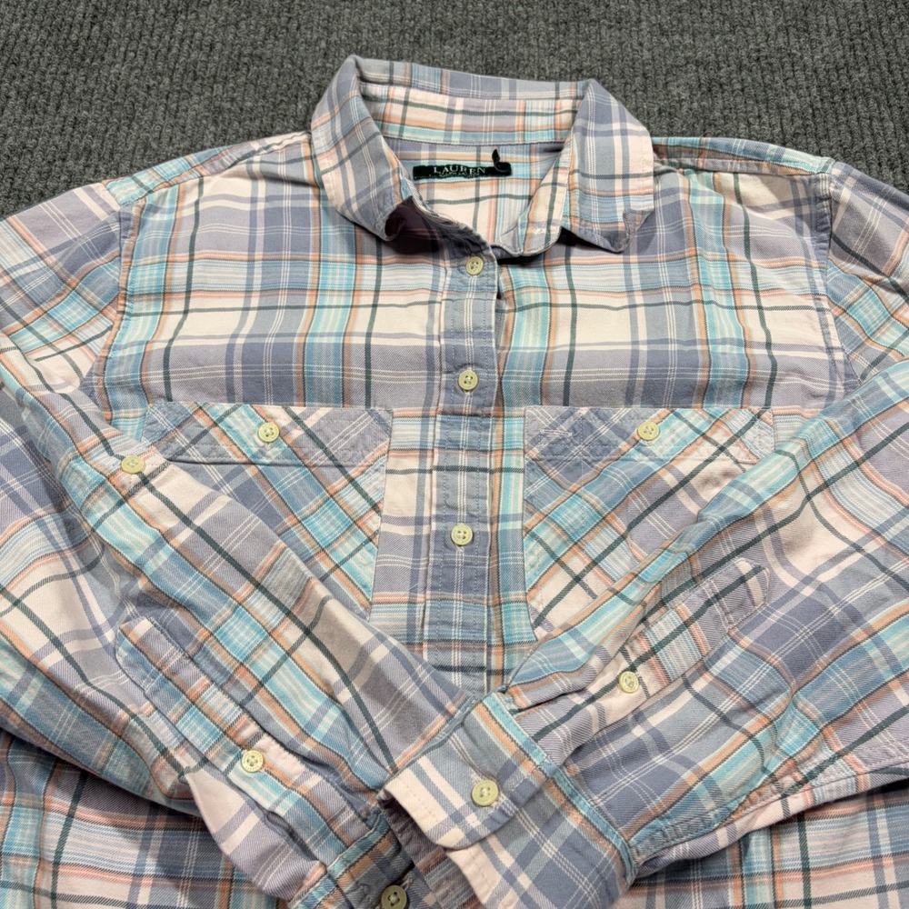 Lauren Ralph Lauren Shirt Womens 1X Plaid Button Down Pastel Pink Blue Purple